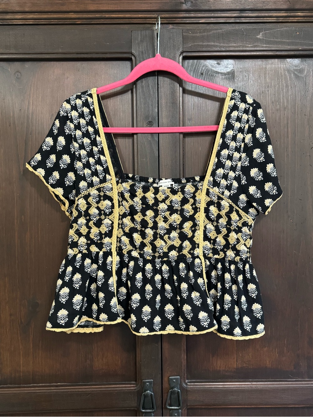 American Eagle Peasant Crop Top Black and Yellow Embroidered Cottagecore Top